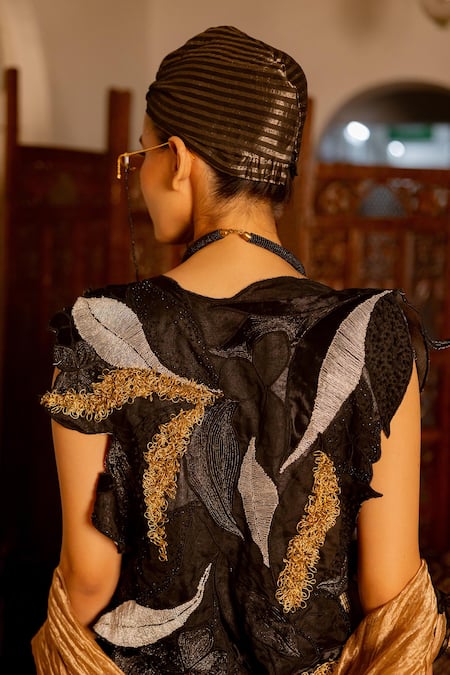 Buy_Chambray & CO._Black Organza Embroidery, Fabric Flowers, Metallic Indra Overlay Skirt Set _Online_at_Aza_Fashions