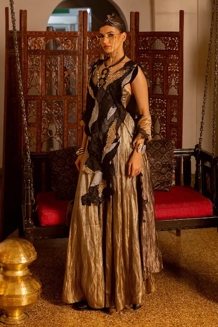 Shop_Chambray & CO._Black Organza Embroidery, Fabric Flowers, Metallic Indra Overlay Skirt Set _Online_at_Aza_Fashions