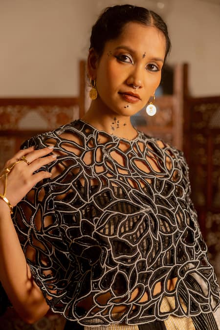 Chambray & CO._Black Organza, Cotton, Chanderi Silk Alexa Handtucked Motif Overlay Skirt Set _Online_at_Aza_Fashions