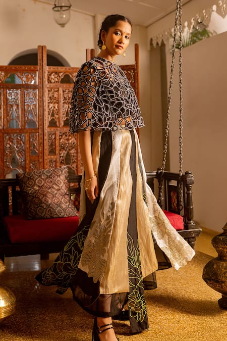 Buy_Chambray & CO._Black Organza, Cotton, Chanderi Silk Alexa Handtucked Motif Overlay Skirt Set _Online_at_Aza_Fashions