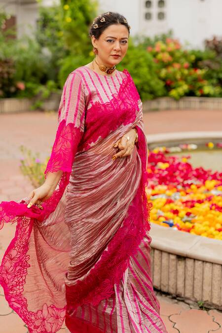 Buy_Chambray & CO._Pink Organza Embroidery Round Neck Leela Motif Saree And Blouse Set _Online_at_Aza_Fashions