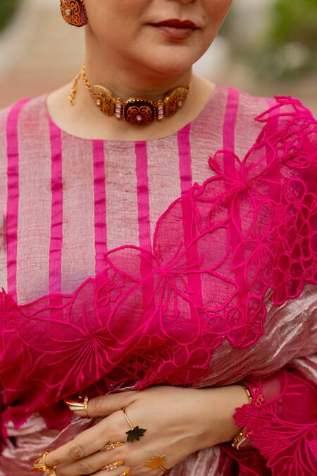 Shop_Chambray & CO._Pink Organza Embroidery Round Neck Leela Motif Saree And Blouse Set _Online_at_Aza_Fashions