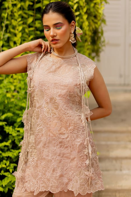 Chambray & CO._Beige Silk, Linen, Cotton Fabric Flowers, Naiya Overlay Kurta And Pant Set _at_Aza_Fashions