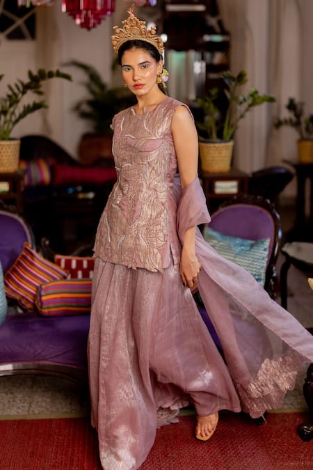 Chambray & CO._Purple Chanderi Silk, Cotton, Organza Embroidery, Kavya Floral Tunic Skirt Set _Online_at_Aza_Fashions