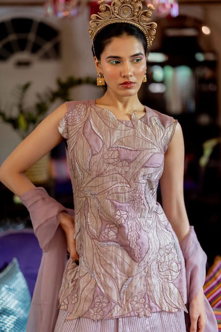 Buy_Chambray & CO._Purple Chanderi Silk, Cotton, Organza Embroidery, Kavya Floral Tunic Skirt Set _Online_at_Aza_Fashions