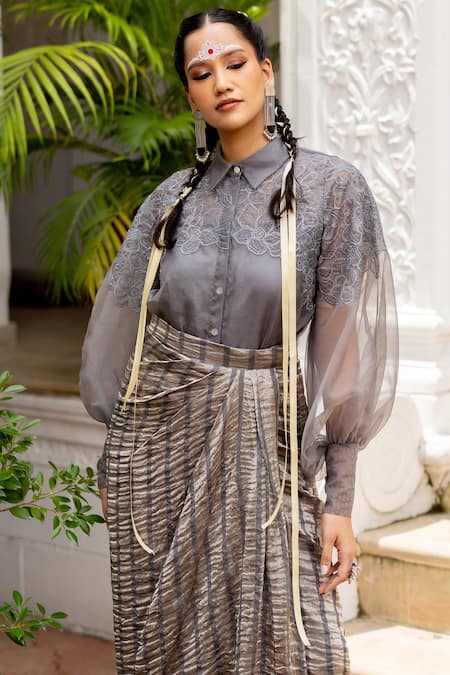 Buy_Chambray & CO._Gray Chanderi Silk, Cotton Myrna Handtucked Floral Shirt And Draped Skirt Set _Online_at_Aza_Fashions