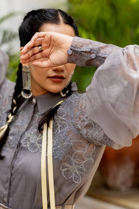 Shop_Chambray & CO._Gray Chanderi Silk, Cotton Myrna Handtucked Floral Shirt And Draped Skirt Set _Online_at_Aza_Fashions