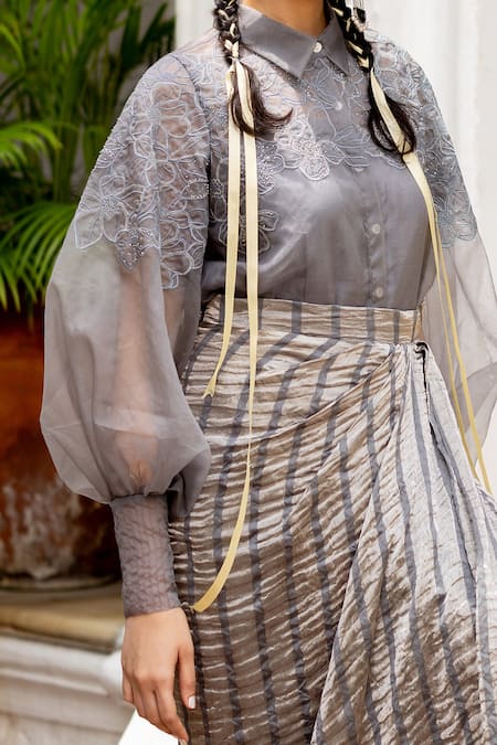 Chambray & CO._Gray Chanderi Silk, Cotton Myrna Handtucked Floral Shirt And Draped Skirt Set _at_Aza_Fashions