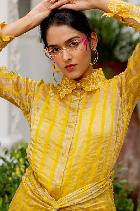 Shop_Chambray & CO._Yellow Chanderi, Tissue, Cotton, Silk Applique Alicia Striped Shirt And Skirt Set _Online_at_Aza_Fashions