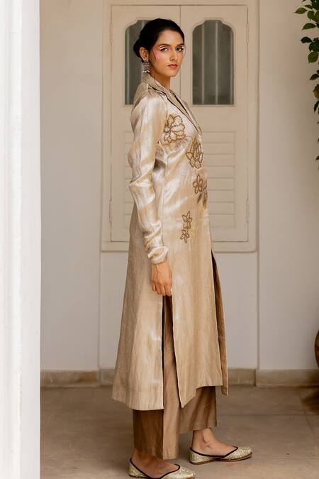Chambray & CO._Beige , Brocade, Chanderi Beads, Akshi Jacket Tunic With Pant _Online_at_Aza_Fashions