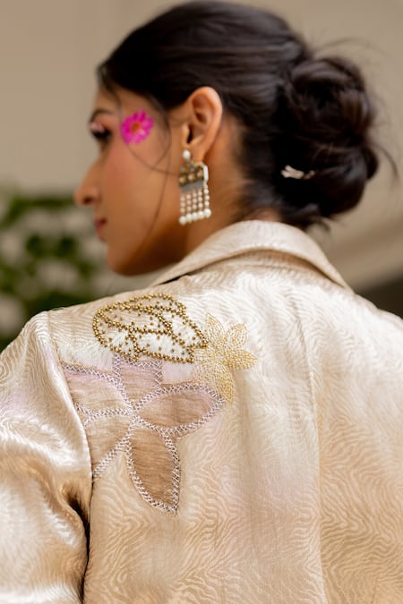 Buy_Chambray & CO._Beige , Brocade, Chanderi Beads, Akshi Jacket Tunic With Pant _Online_at_Aza_Fashions