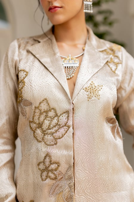 Shop_Chambray & CO._Beige , Brocade, Chanderi Beads, Akshi Jacket Tunic With Pant _Online_at_Aza_Fashions