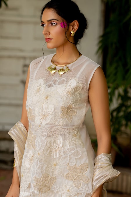 Chambray & CO._Ivory Organza, Silk, Brocade Embroidery Open Neck, Gouri Overlay And Pant Set _Online_at_Aza_Fashions