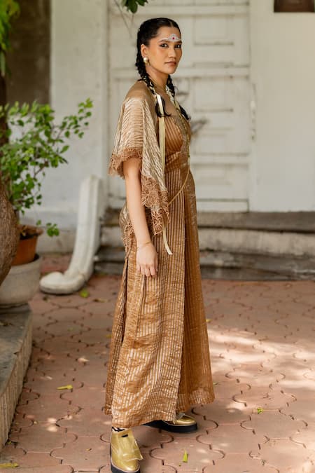 Chambray & CO._Brown Silk, Tissue, Chanderi Sweetheart Ritvi Striped Dress With Lace Trim Cape _Online_at_Aza_Fashions