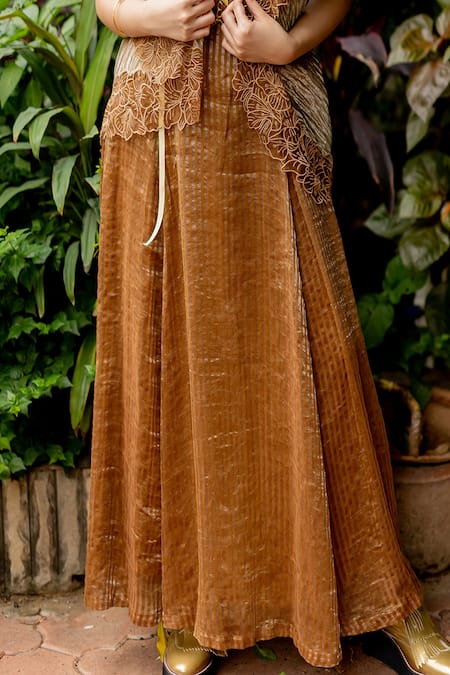 Shop_Chambray & CO._Brown Silk, Tissue, Chanderi Sweetheart Ritvi Striped Dress With Lace Trim Cape _Online_at_Aza_Fashions