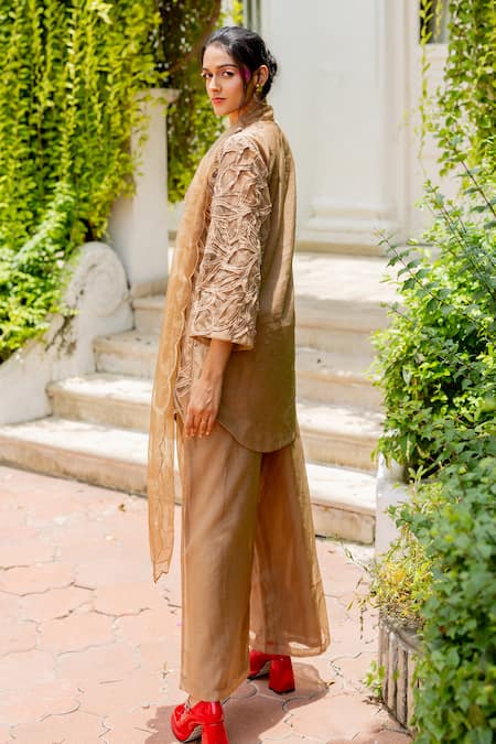 Buy_Chambray & CO._Brown Chanderi , Cotton, , Organza Cut Kshiti Cutwork Kurta Set _Online_at_Aza_Fashions
