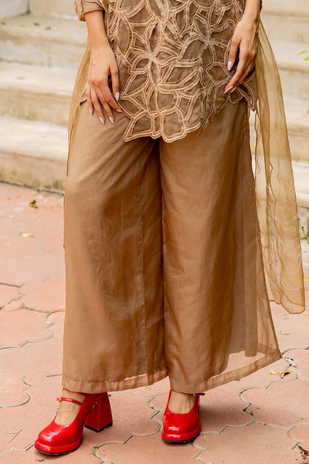 Shop_Chambray & CO._Brown Chanderi , Cotton, , Organza Cut Kshiti Cutwork Kurta Set _Online_at_Aza_Fashions