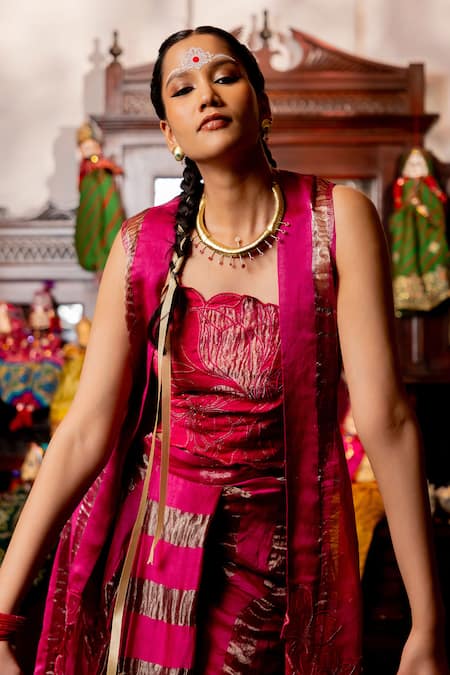 Buy_Chambray & CO._Pink Organza, Chanderi, Tissue, Cotton, Velora Overlay And Skirt Set _Online_at_Aza_Fashions