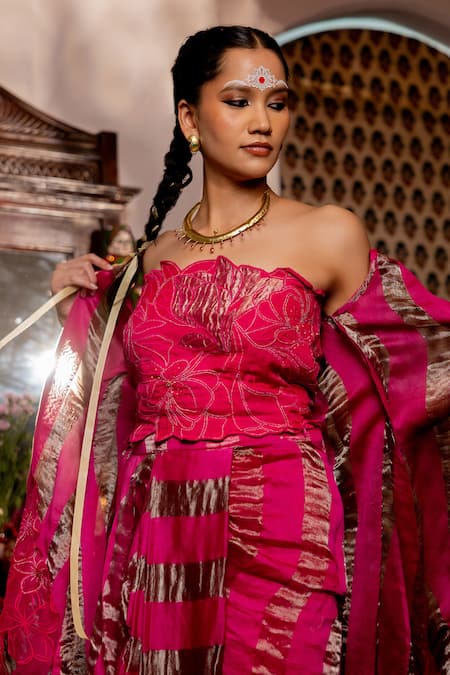 Shop_Chambray & CO._Pink Organza, Chanderi, Tissue, Cotton, Velora Overlay And Skirt Set _Online_at_Aza_Fashions