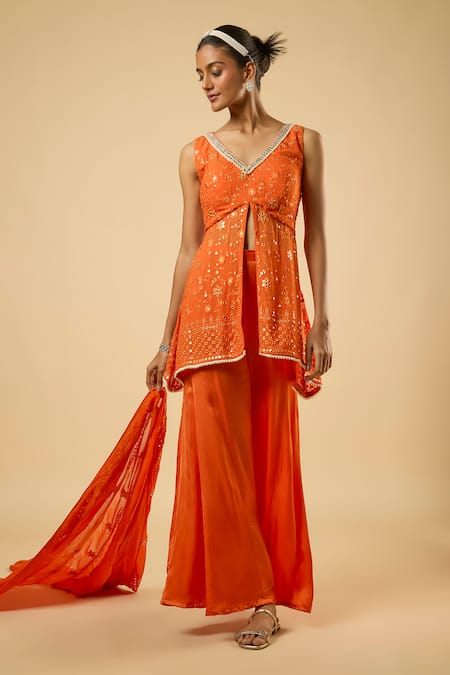 Buy_Dori & CO._Orange Georgette, Satin Embroidery, Mirrors, Sequins, Pearls Tunic Sharara Set _Online_at_Aza_Fashions