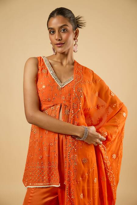 Shop_Dori & CO._Orange Georgette, Satin Embroidery, Mirrors, Sequins, Pearls Tunic Sharara Set _Online_at_Aza_Fashions