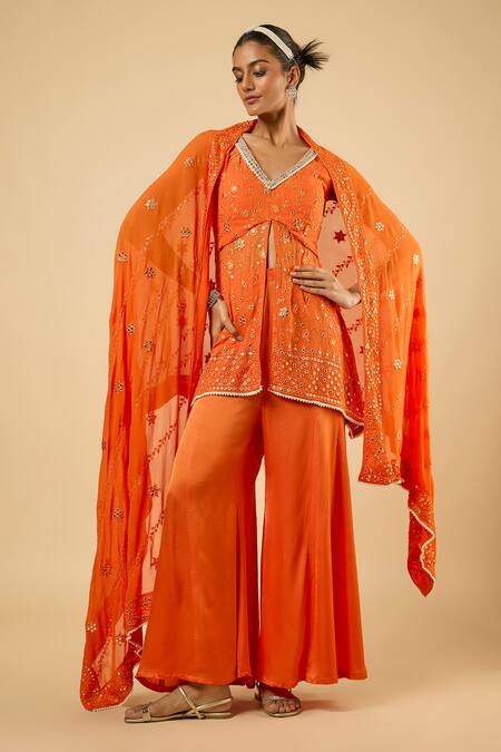 Dori & CO._Orange Georgette, Satin Embroidery, Mirrors, Sequins, Pearls Tunic Sharara Set _at_Aza_Fashions