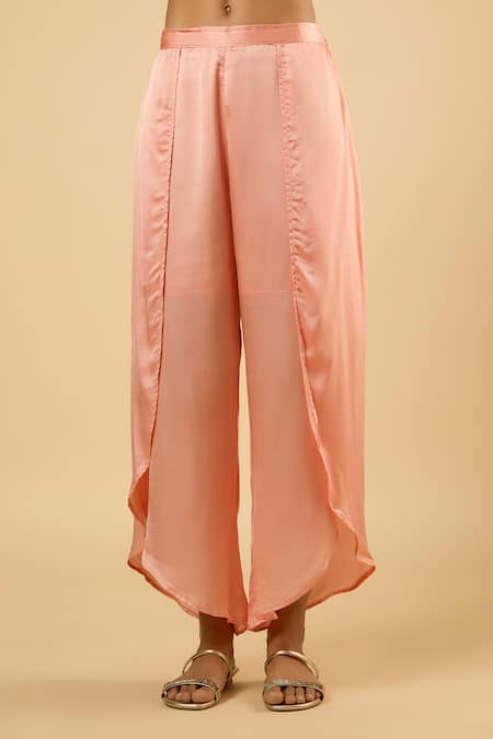 Dori & CO._Peach Georgette, Satin Sequins, Embroidery V-neck Kaftan Kurta And Pant Set _Online_at_Aza_Fashions