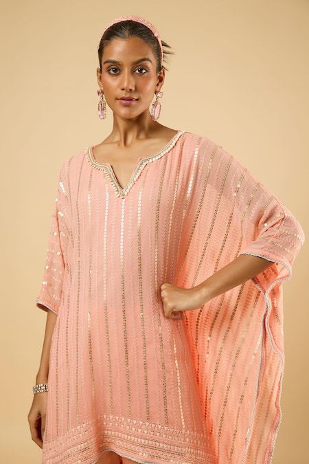 Buy_Dori & CO._Peach Georgette, Satin Sequins, Embroidery V-neck Kaftan Kurta And Pant Set _Online_at_Aza_Fashions