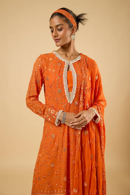Dori & CO._Orange Georgette, Cotton Embroidery, Sequins, Pearls Keyhole Floral Kurta Set _Online_at_Aza_Fashions