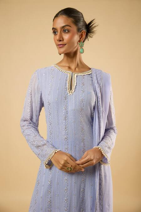 Buy_Dori & CO._Lavender Georgette, Satin Embroidery, Sequins, Piping Split V-neck Kurta Set _Online_at_Aza_Fashions