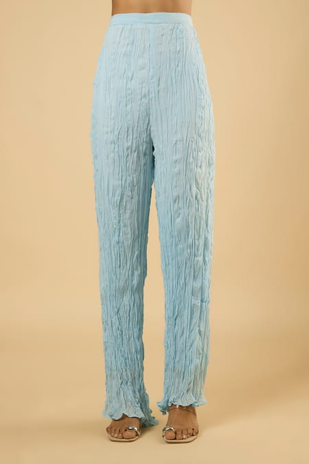 Dori & CO._Sky Blue Georgette, Cotton Sequins, Metallic Thread, Pearls, Striped Kurta Set _Online_at_Aza_Fashions