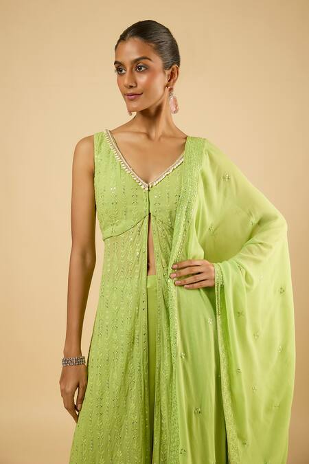 Buy_Dori & CO._Green Georgette, Satin Sequins, Embroidery, Beads V-neck Kurta Sharara Set _Online_at_Aza_Fashions