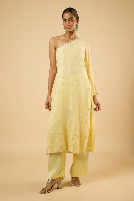 Dori & CO._Yellow Georgette, Satin Sequins, Embroidery One Shoulder Kurta With Pant _Online_at_Aza_Fashions