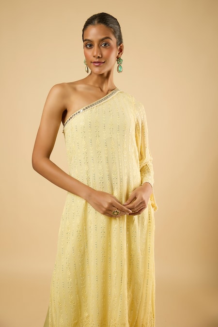 Buy_Dori & CO._Yellow Georgette, Satin Sequins, Embroidery One Shoulder Kurta With Pant _Online_at_Aza_Fashions