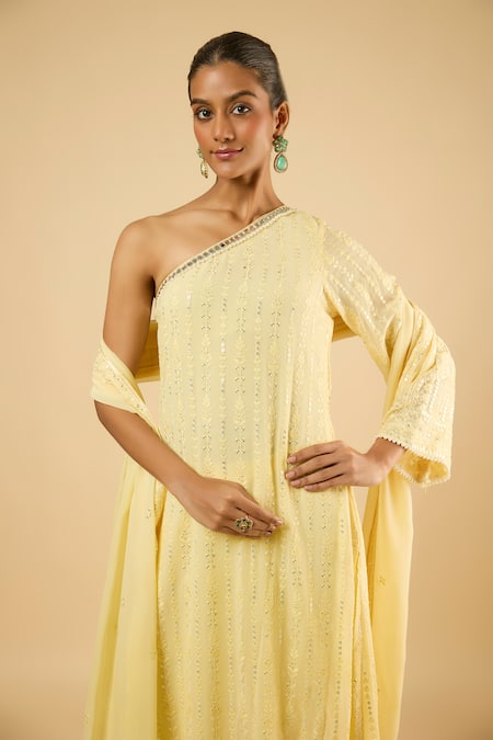 Shop_Dori & CO._Yellow Georgette, Satin Sequins, Embroidery One Shoulder Kurta With Pant _Online_at_Aza_Fashions