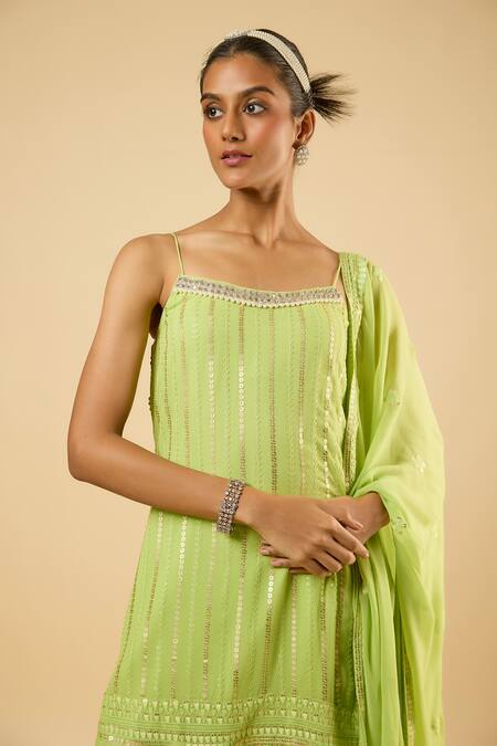 Dori & CO._Green Georgette, Satin Sequins, Embroidery Square And Pearl Kurta Sharara Set _Online_at_Aza_Fashions