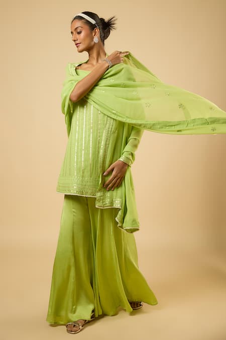 Shop_Dori & CO._Green Georgette, Satin Sequins, Embroidery Square And Pearl Kurta Sharara Set _Online_at_Aza_Fashions