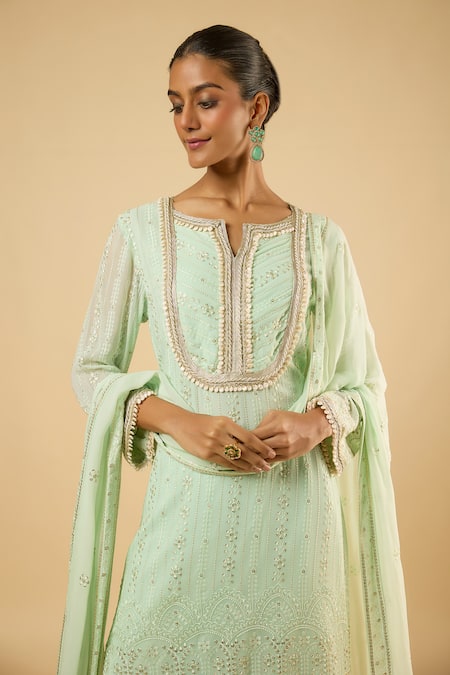 Buy_Dori & CO._Mint Georgette, Satin Embroidery, Mirrors, Gota Patti, Kurta And Dhoti Pant Set _Online_at_Aza_Fashions