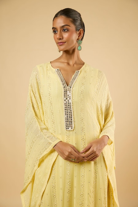 Buy_Dori & CO._Yellow Georgette, Satin Sequins, Embroidery Embellished Kaftan And Pant Set  _Online_at_Aza_Fashions