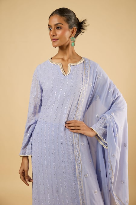 Buy_Dori & CO._Lavender Georgette Sequins, Embroidery Split V-neck Straight Kurta Set _Online_at_Aza_Fashions