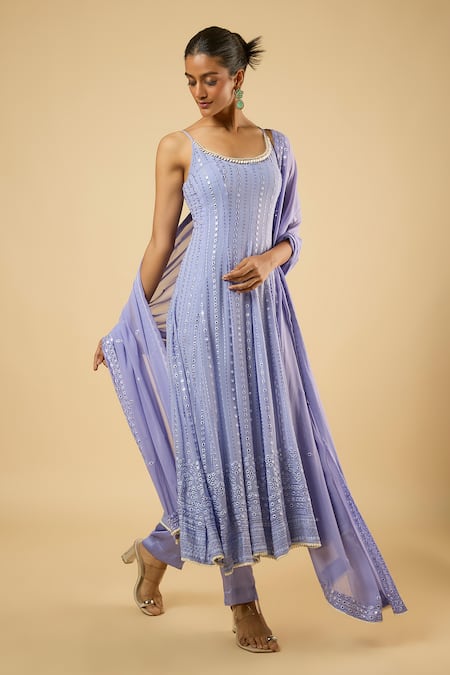 Buy_Dori & CO._Lavender Georgette, Satin Mirrors, Embroidery, Sequins, Piping Anarkali Set _Online_at_Aza_Fashions