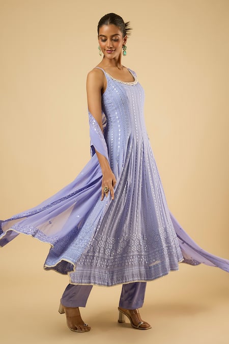 Shop_Dori & CO._Lavender Georgette, Satin Mirrors, Embroidery, Sequins, Piping Anarkali Set _Online_at_Aza_Fashions