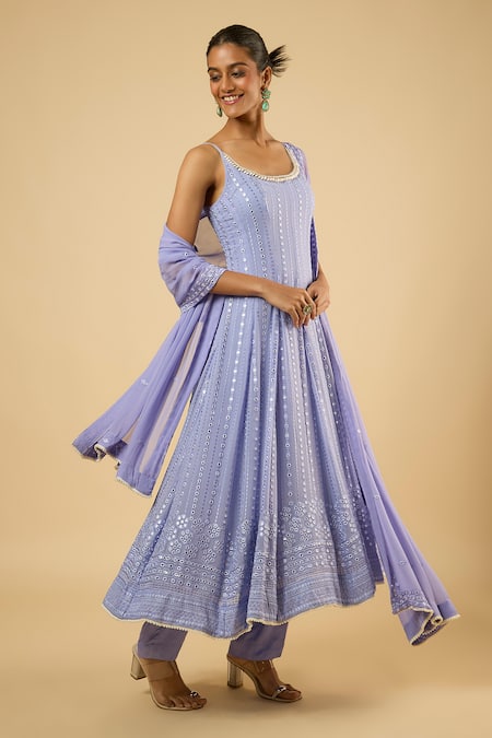 Dori & CO._Lavender Georgette, Satin Mirrors, Embroidery, Sequins, Piping Anarkali Set _at_Aza_Fashions