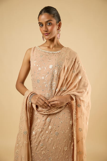 Buy_Dori & CO._Brown Georgette, Cotton Embroidery, Mirrors Round Neck Kurta Set _Online_at_Aza_Fashions