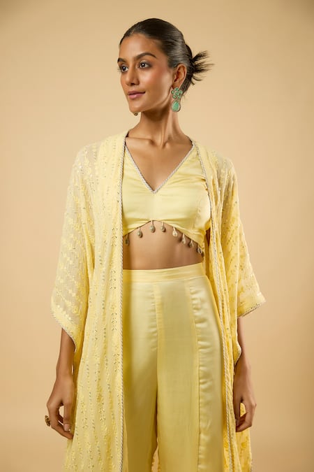 Buy_Dori & CO._Yellow Satin, Georgette Tassels, Sequins Embroidered Kaftan Jacket And Pant Set _Online_at_Aza_Fashions
