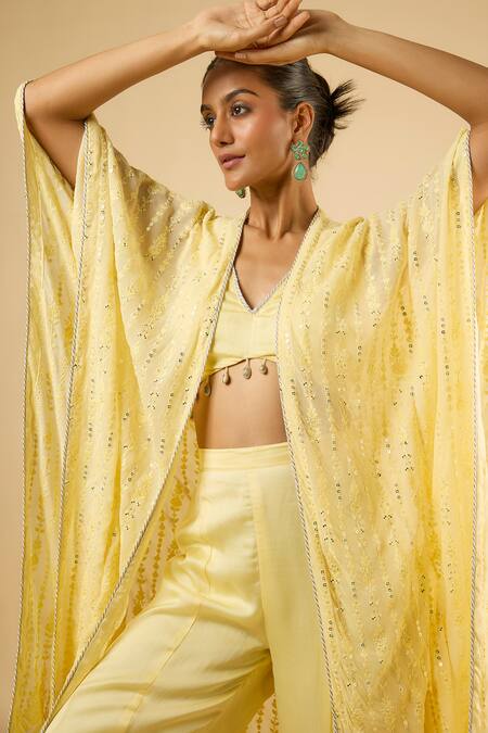 Shop_Dori & CO._Yellow Satin, Georgette Tassels, Sequins Embroidered Kaftan Jacket And Pant Set _Online_at_Aza_Fashions