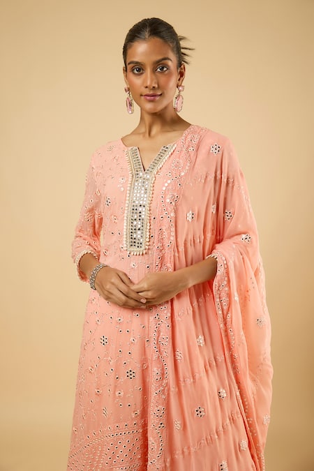 Dori & CO._Peach Georgette, Satin Mirrors, Embroidery V-neck Kurta And Dhoti Pant Set _Online_at_Aza_Fashions