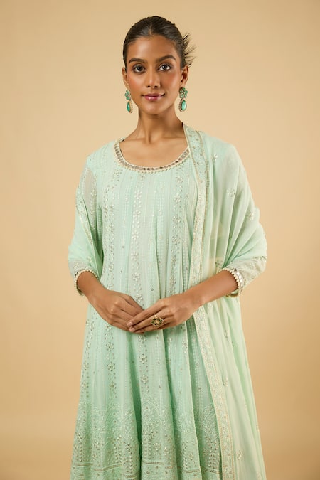 Dori & CO._Mint Georgette, Satin Sequins, Mirrors, Embroidery, Pearls Round Anarkali Set _Online_at_Aza_Fashions