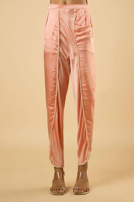 Dori & CO._Peach Georgette, Satin Sequins, Piping, Pearls Striped Kaftan And Dhoti Pant Set _Online_at_Aza_Fashions