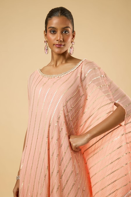 Buy_Dori & CO._Peach Georgette, Satin Sequins, Piping, Pearls Striped Kaftan And Dhoti Pant Set _Online_at_Aza_Fashions